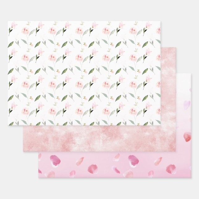 Beautiful Pink Watercolor Floral Wrapping Paper Sheet (Set)