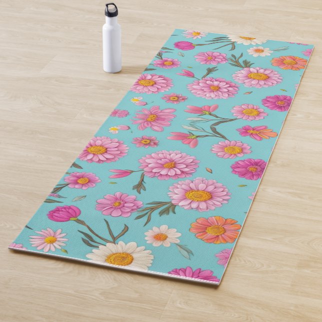 Beautiful pink white daisies teal background yoga mat (In Situ)