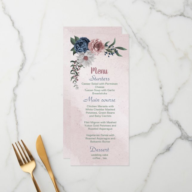 Beautiful pink white navy blue flower greenery menu (Front/Back In Situ)