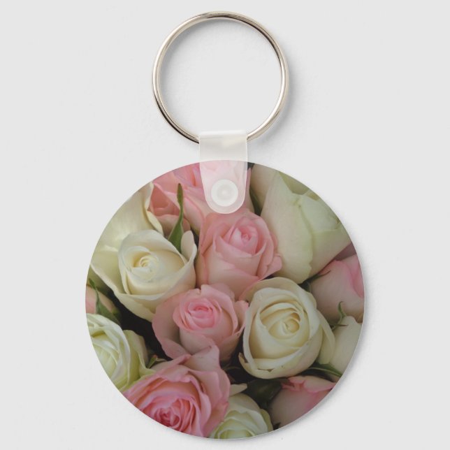 Beautiful Pink White Roses Flower Bouquet Keychain (Front)