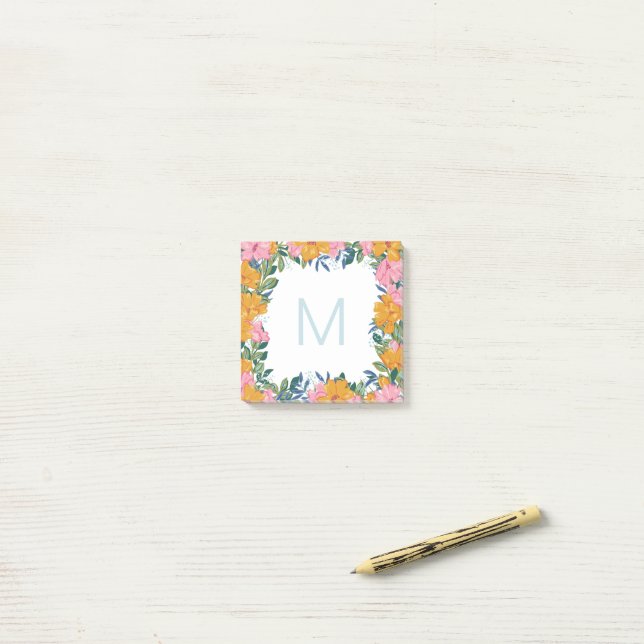 Beautiful Pink Yellow Floral Frame Monogram Post-it Notes (On Desk)