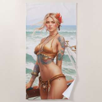 Beautiful pirate tattoo girl Beach Towel