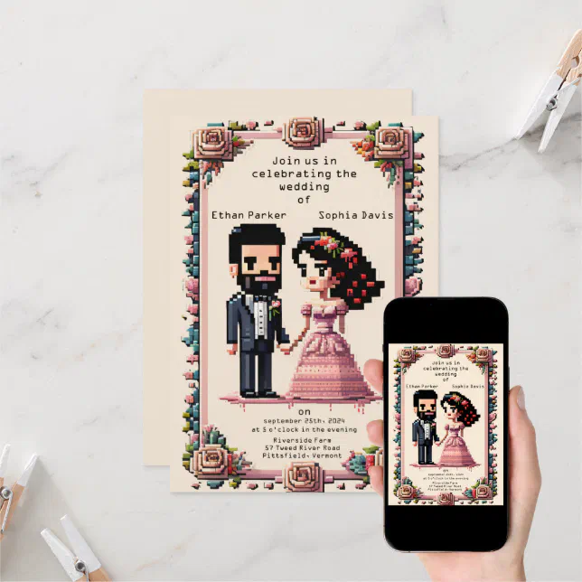 Beautiful Pixel Art Wedding Invitation Zazzle