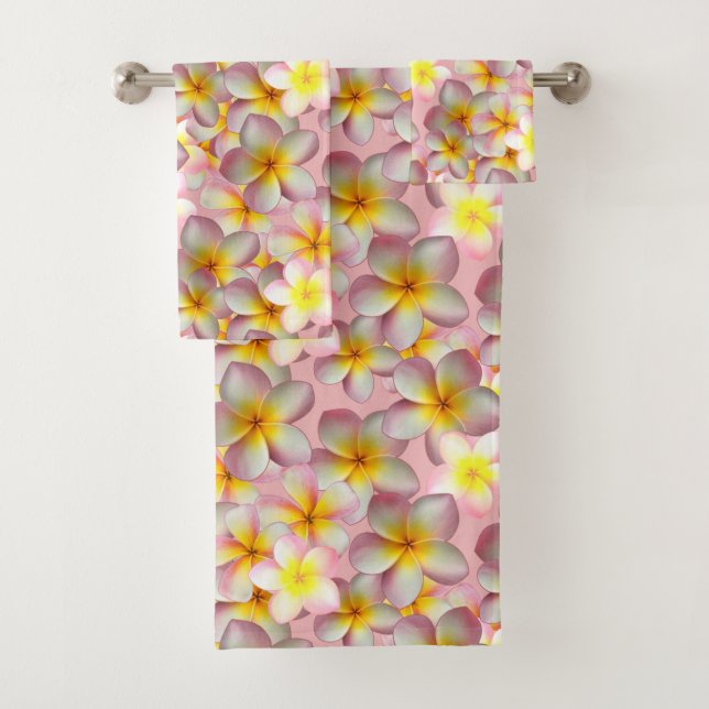 Beautiful Plumeria Flowers on Pink Bath Towel Set (Insitu)