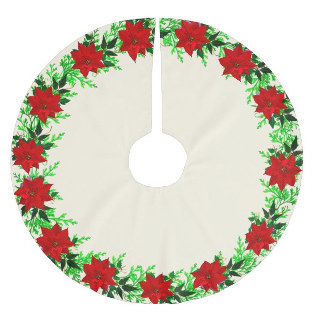 Beautiful Poinsettia Flower Garland on Champagne Brushed Polyester Tree Skirt (Front)