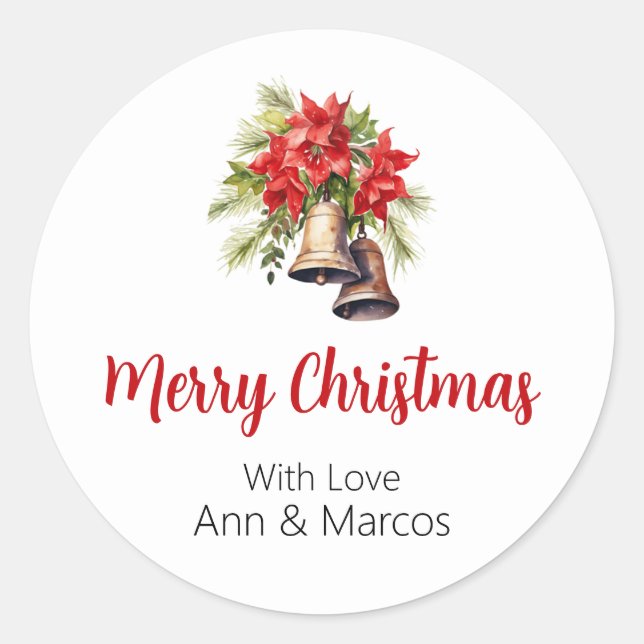 Beautiful Poinsettias Greenery Foliage Christmas Classic Round Sticker (Front)