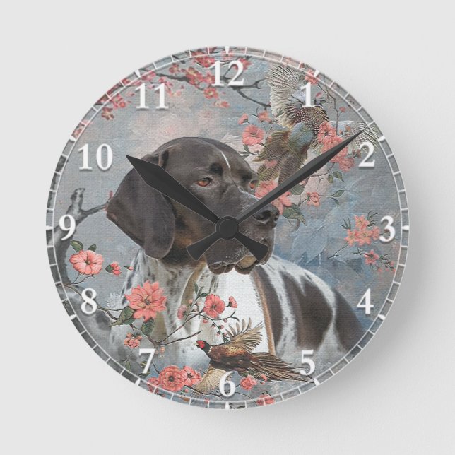 Beautiful pointer with pheasants   round clock (Front)