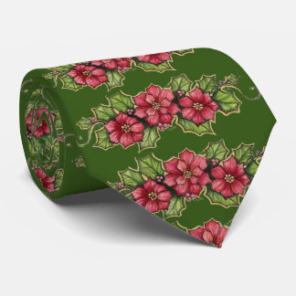 Beautiful Pointsettia on  Dark Green Christmas Tie