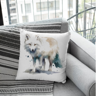 Beautiful polar fox in white and blue watercolor throw pillow