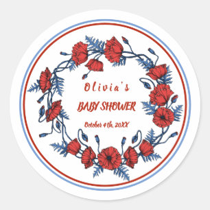 Beautiful Poppy Floral Personalized Baby Shower Classic Round Sticker