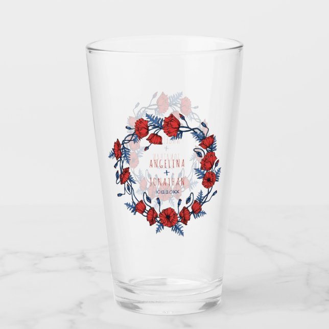 Beautiful Poppy Wreath Floral & Stripes Glass (Front)