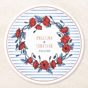 Beautiful Poppy Wreath Floral & Stripes Round Paper Coaster