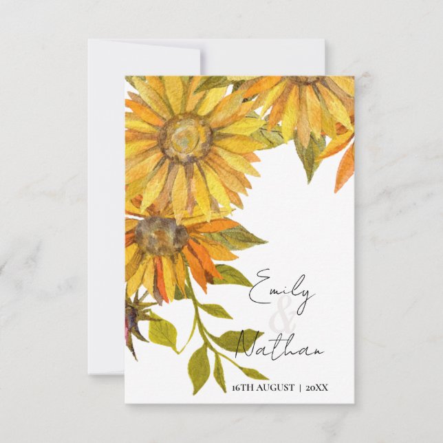 Beautiful Pretty Yellow Sunflower Floral Wedding RSVP Card (Front)