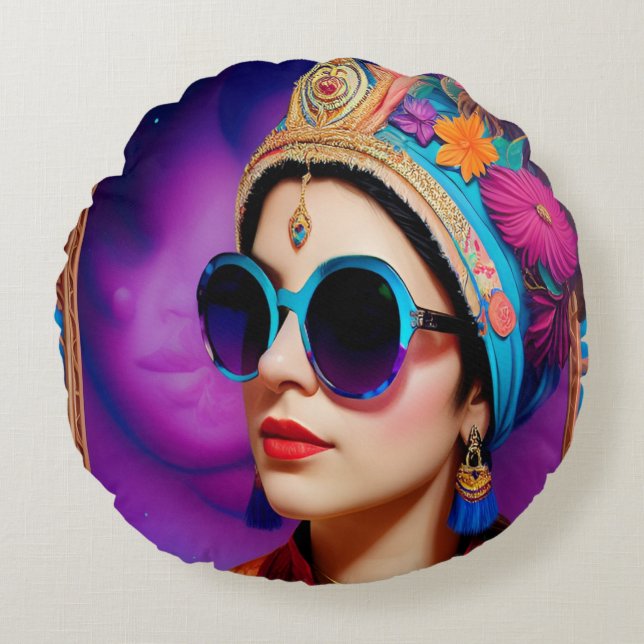 Beautiful princess with sunglasses round pillow (Front)