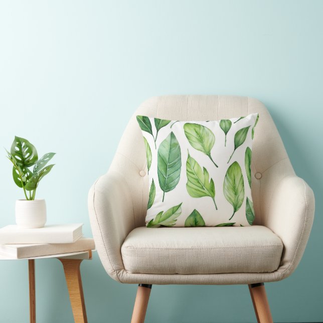 beautiful print with delicate green leaves  throw pillow (Chair)
