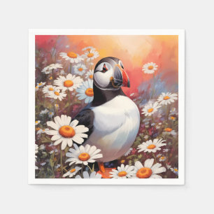 Beautiful Puffin In Daisy Field Napkin