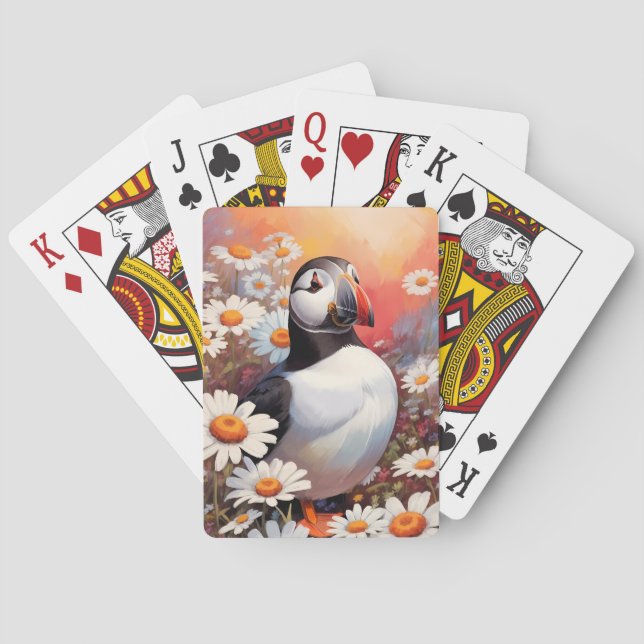 Beautiful Puffin In Daisy Field Playing Cards (Back)