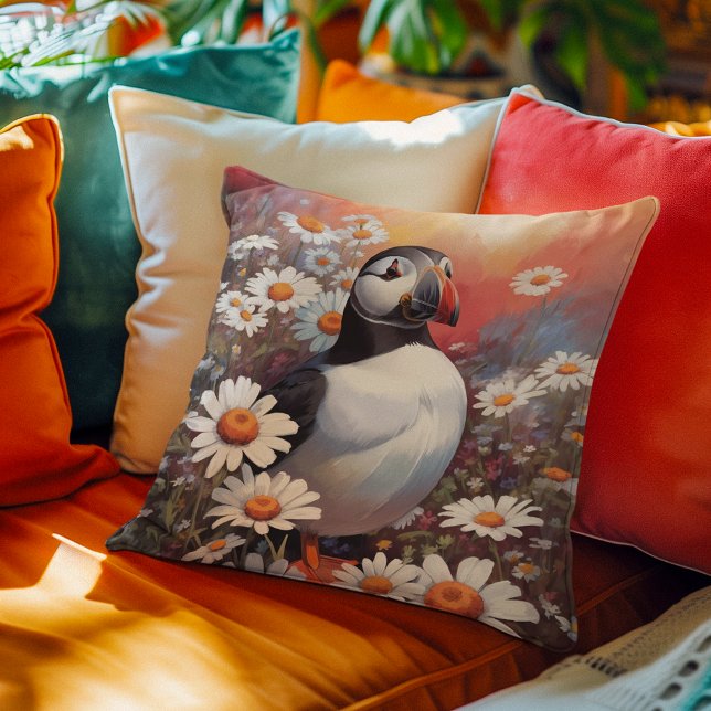 Beautiful Puffin In Daisy Field Throw Pillow (Creator Uploaded)