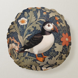 Beautiful Puffin William Morris Inspired Round Pillow