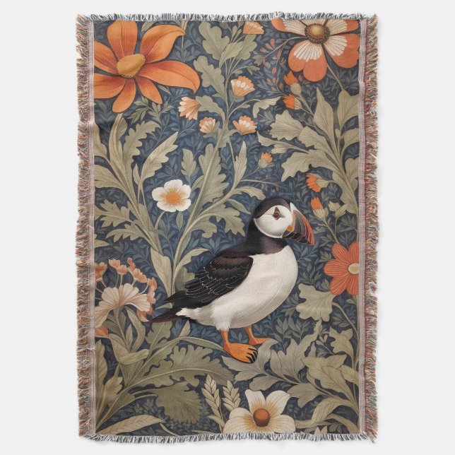 Beautiful Puffin William Morris Inspired Throw Blanket (Front Vertical)