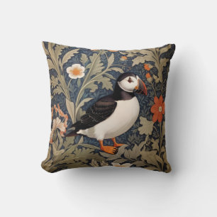 Beautiful Puffin William Morris Inspired Throw Pillow