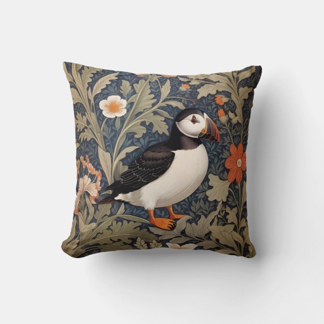 Beautiful Puffin William Morris Inspired Throw Pillow (Front)