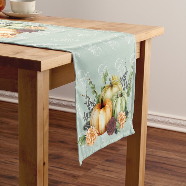 Beautiful  Pumpkin Autumn Watercolor Fall Short Table Runner (In Situ)