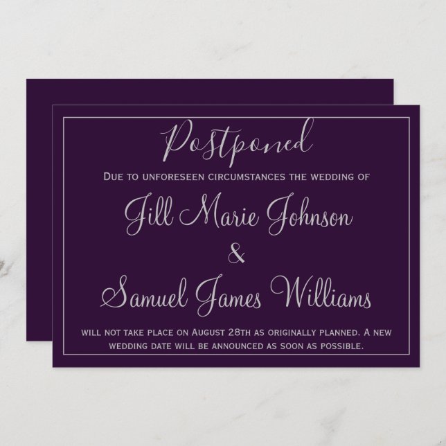 Beautiful Purple and Silver Wedding Postponed Invitation (Front/Back)