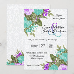 Beautiful Purple and Teal Flower Wedding Invitation