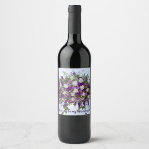 Beautiful Purple and White Flowers Bridesmaid Wine Wine Label
