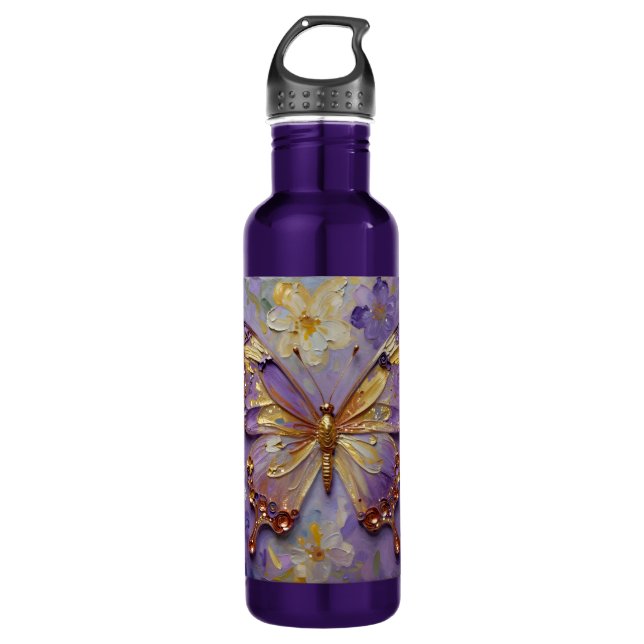 Beautiful Purple Butterfly and Flowers 710 Ml Water Bottle (Front)