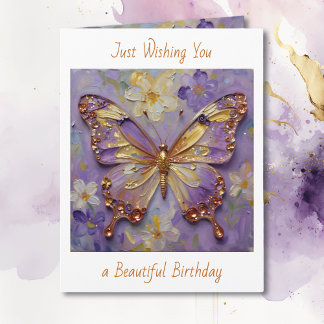 Beautiful Purple Butterfly and Flowers Birthday Card