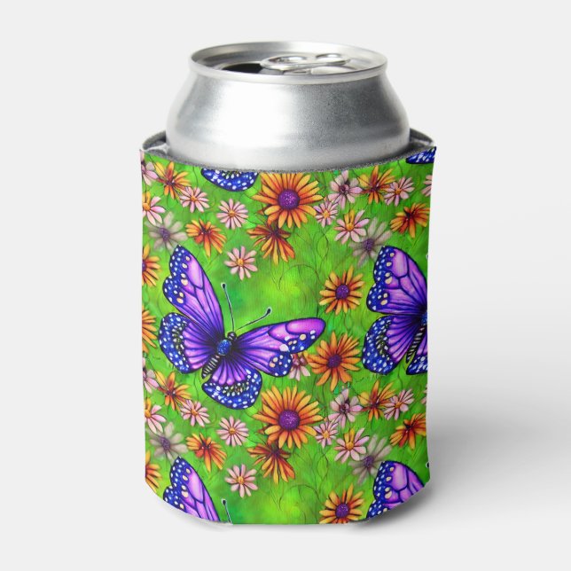 Beautiful Purple Butterfly Flower Meadow Can Cooler (Can Front)