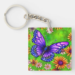 Beautiful Purple Butterfly Flower Meadow Keychain