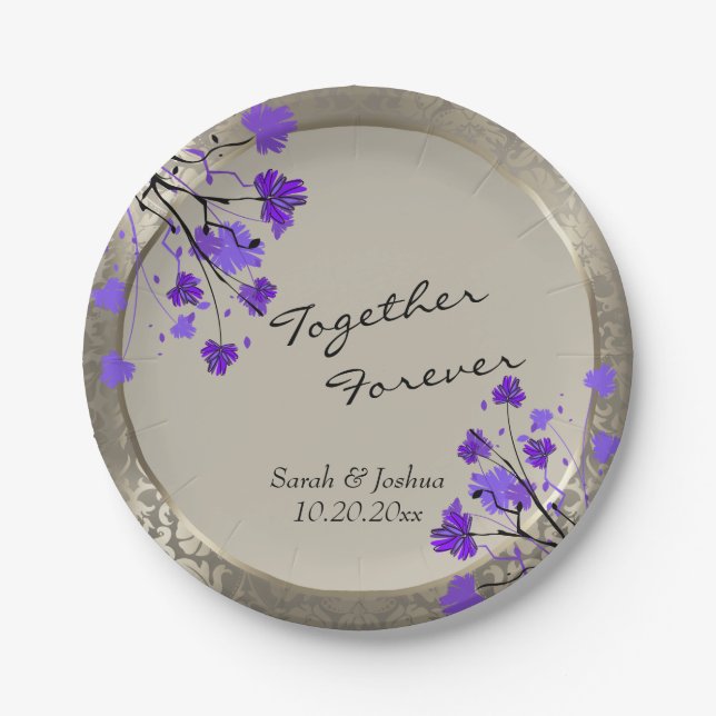 Beautiful Purple Floral & Antique Silver Damask Paper Plate (Front)