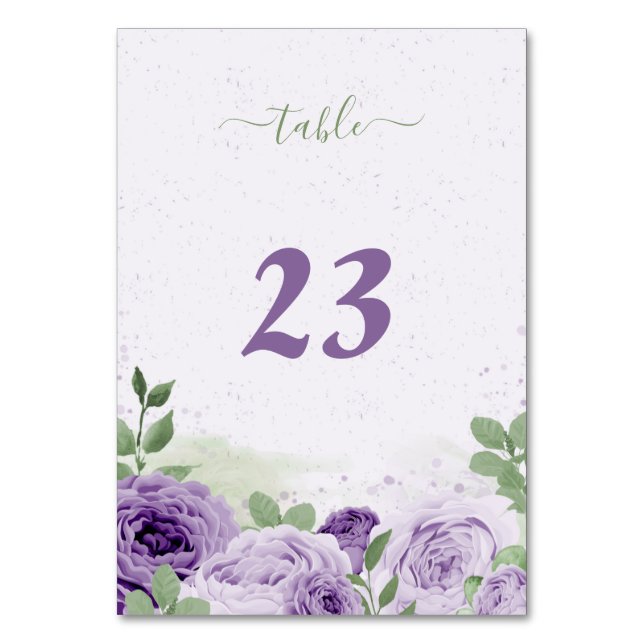 beautiful purple flowers green leaves botanical table number (Front)