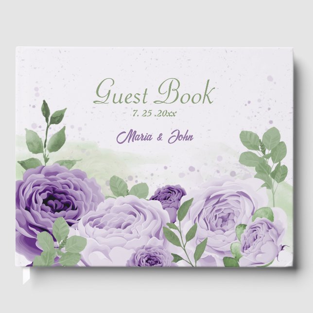 beautiful purple flowers greenery wedding guest book (Front)