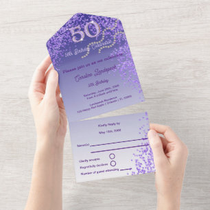 Beautiful Purple Glitter 50th Happy Birthday All In One Invitation