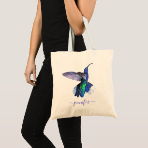 Beautiful Purple Hummingbird Personalized Name Tote Bag