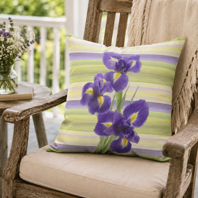 Beautiful Purple Iris Watercolor Stripes Pattern Outdoor Pillow (Creator Uploaded)