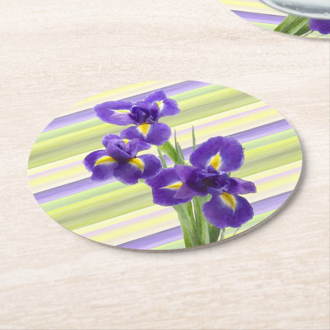 Beautiful Purple Iris Watercolor Stripes Pattern Round Paper Coaster (Angled)