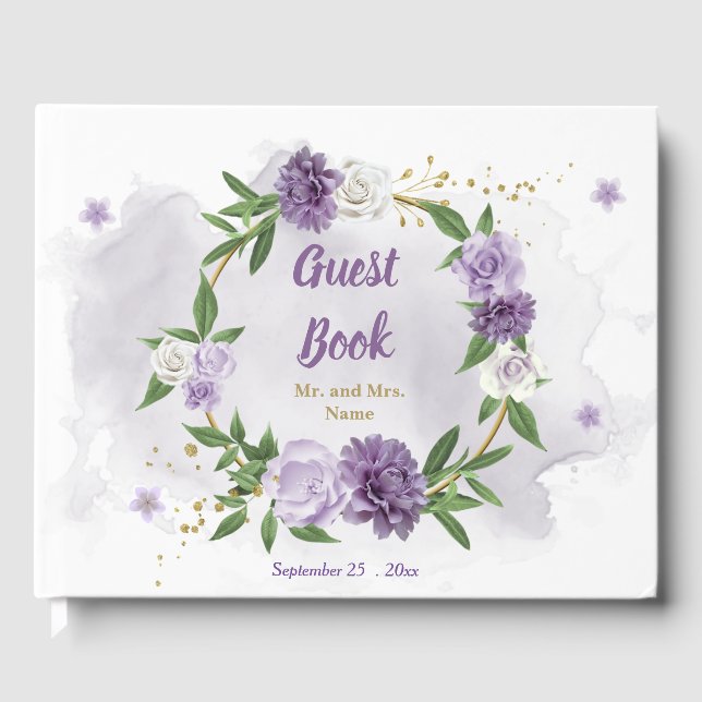 beautiful purple shades flowers greenery wreath guest book (Front)