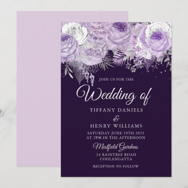 Beautiful Purple Sparkle Floral Wedding Invite (Front/Back)