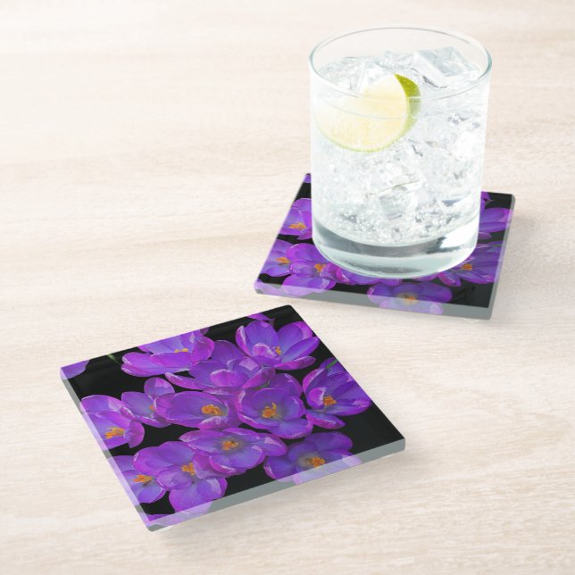 Beautiful Purple Spring Crocuses Floral Glass Coaster (Angled)