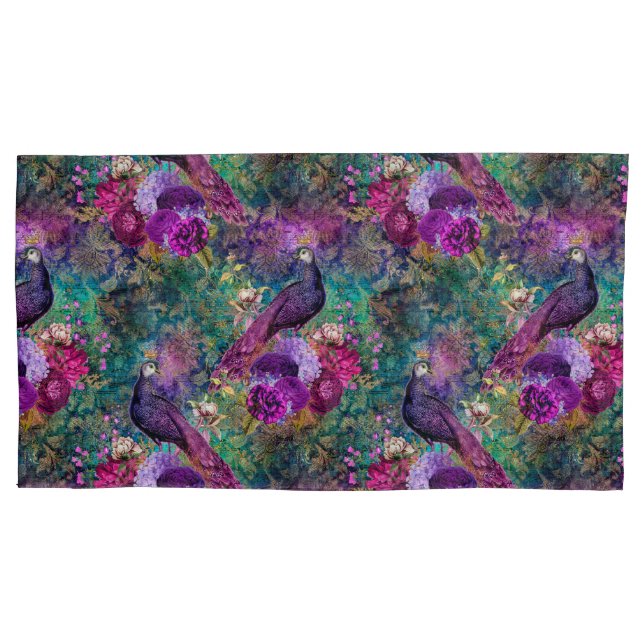 Beautiful Purple Teal Peacock Floral Pillowcase (Front)
