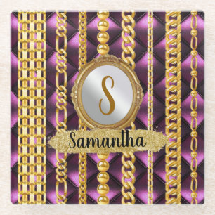Beautiful Purple Velvet Gold Monogram Elegant Chic Glass Coaster