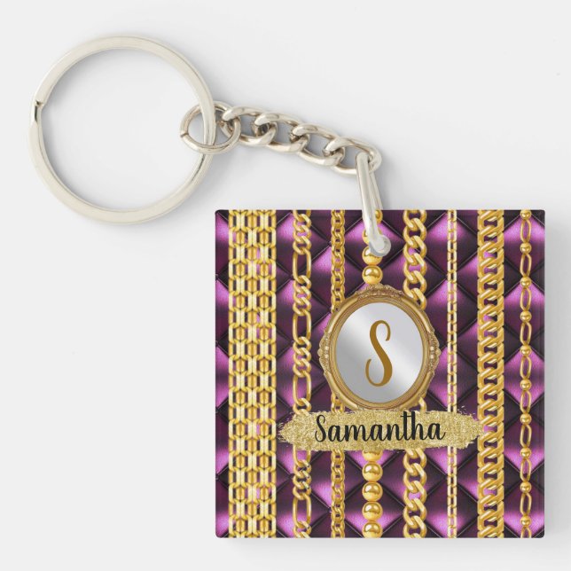 Beautiful Purple Velvet Gold Monogram Elegant Chic Keychain (Front)
