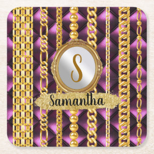 Beautiful Purple Velvet Gold Monogram Elegant Chic Square Paper Coaster