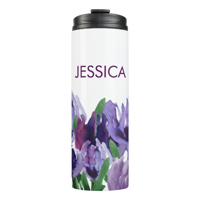 Beautiful Purple Watercolor flowers With Name Thermal Tumbler (Front)