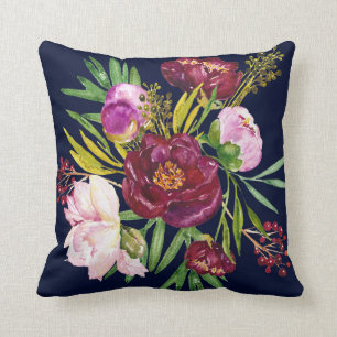 Beautiful Purple Wine and Pink Peonies on Navy Throw Pillow